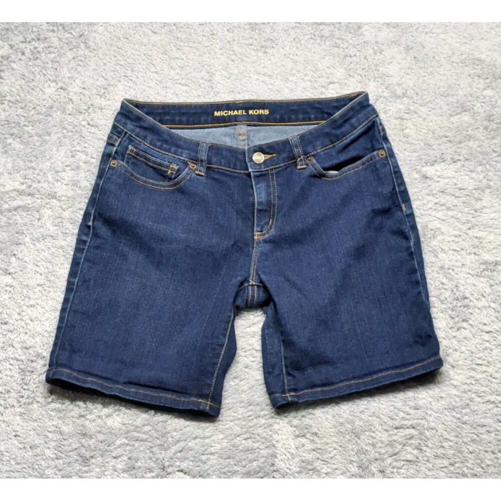 Michael Kors Women's Denim Bermuda Shorts Dark Wash Blue Jeans Size 2 MK Logo